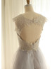 Light Gray Lace Organza Cut Out Back Unique Prom Dress